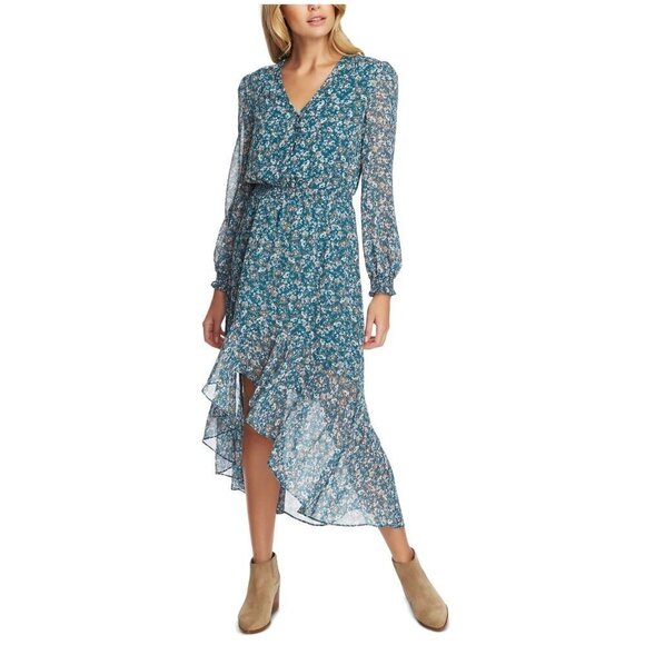 1.STATE Ruffle Dress Medium Long Sleeve Midi Green Floral Cottagecore Hi Lo - Picture 2 of 10